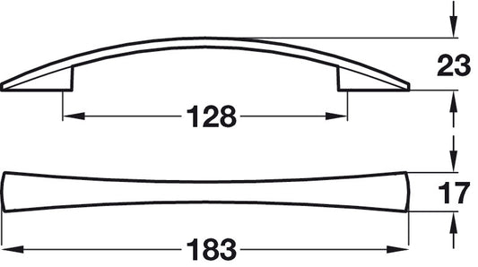 183mm Polished Chrome Waisted Bow Handle with Flared Ends - 128mm Centres