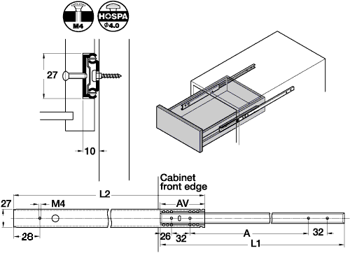 245mm Drawer Runners - Single Extension - 27mm Groove