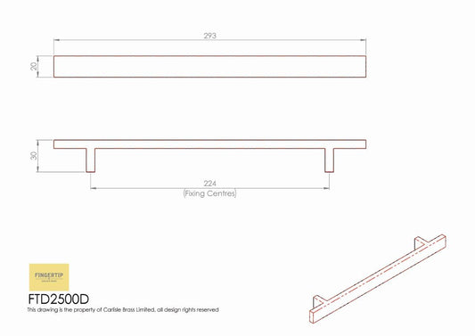 Stainless Steel Rectangular Section T-Bar Handle - 224mm Centres