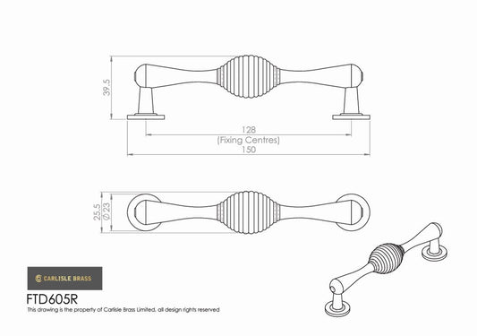 Polished Black Nickel Reeded Cabinet Handle - 128mm Centres