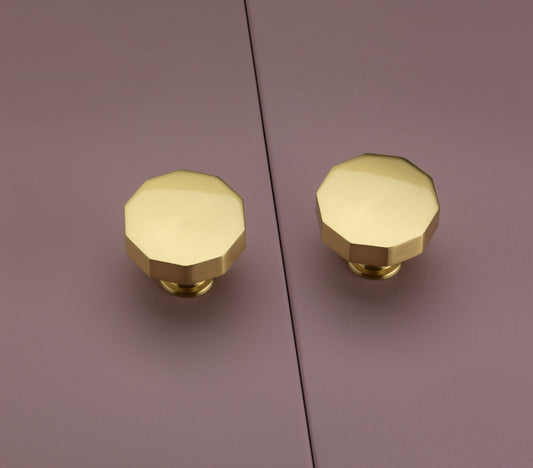 Leamington Decagonal Brushed Satin Brass Cabinet Knob - 35mm