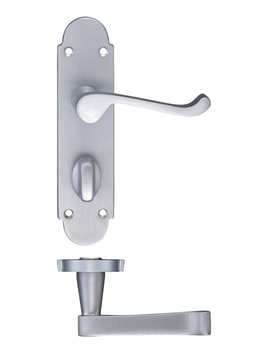 Satin Chrome Scroll Door Handles with Backplate for Bathroom Lock